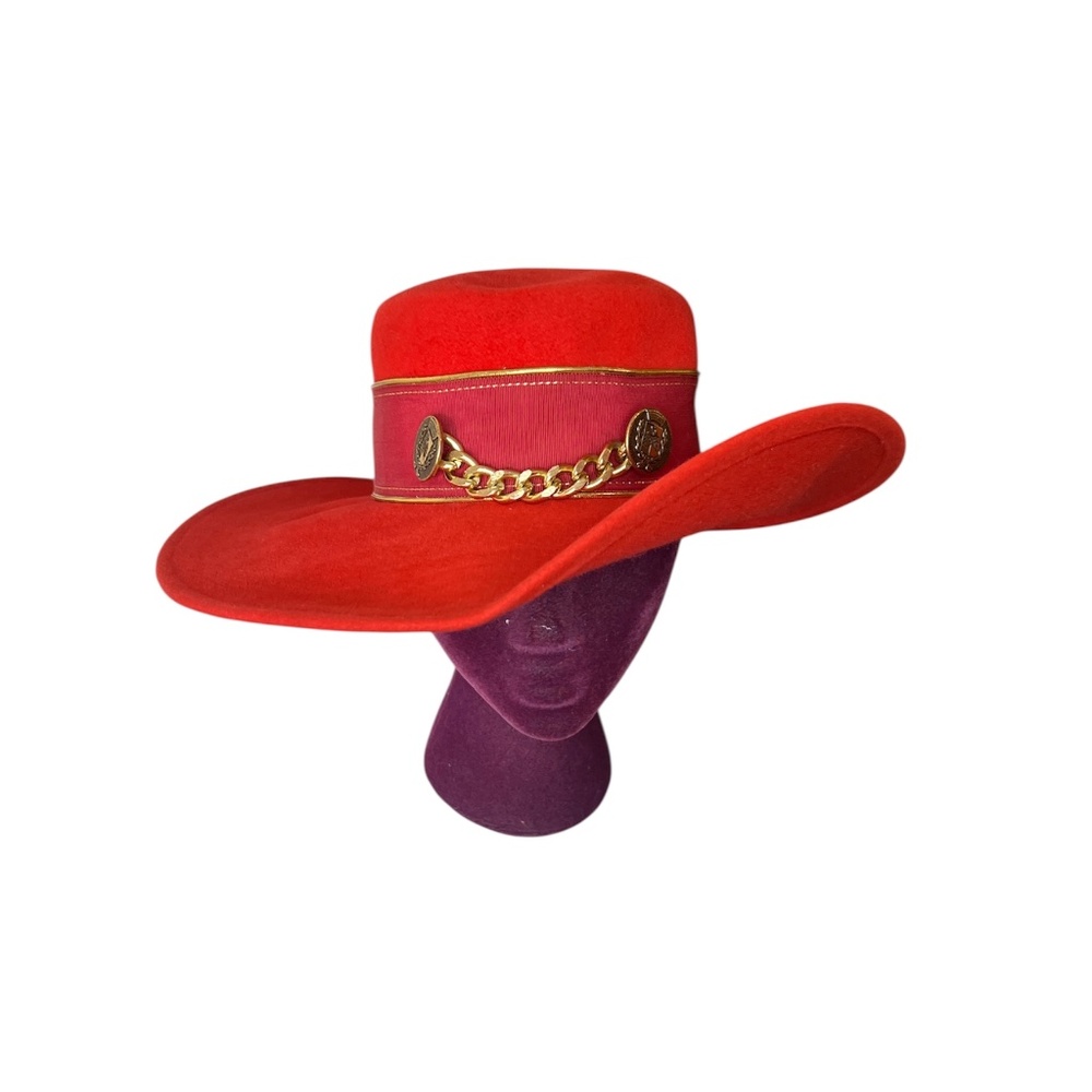 Vintage 70s/80s Anita Pineault Canada Red Wool Felt Gold Chain Wide Brimmed Hat